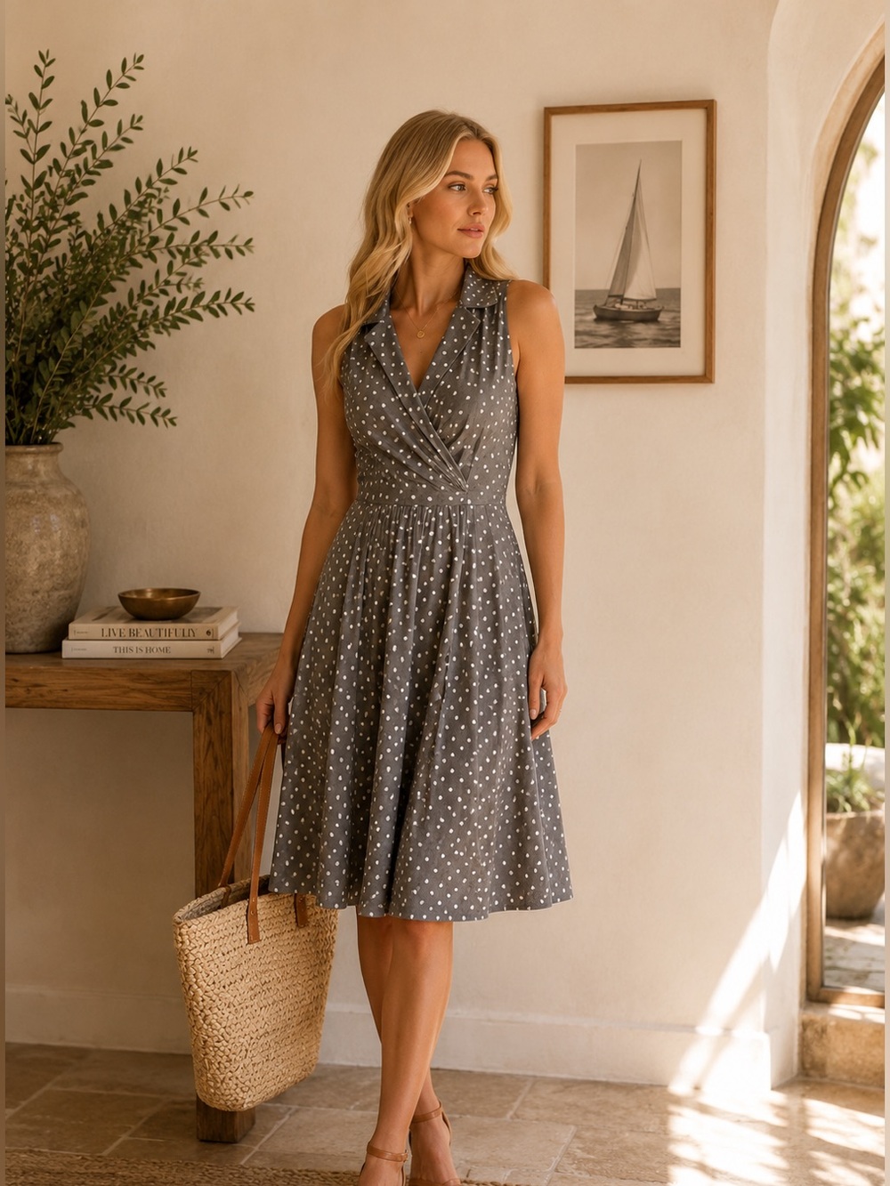 🇺🇸 Vintage style- luxury- Gray Polka Dot Dress- size 10-100% cotton